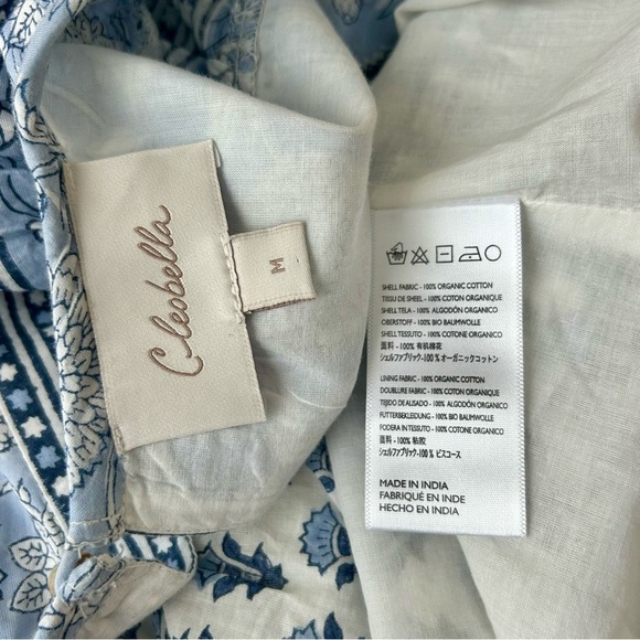 Cleobella Leah Mini Dress Blue White Hydrangea Floral Flutter Sleeve Belt Size M - Picture 12 of 15